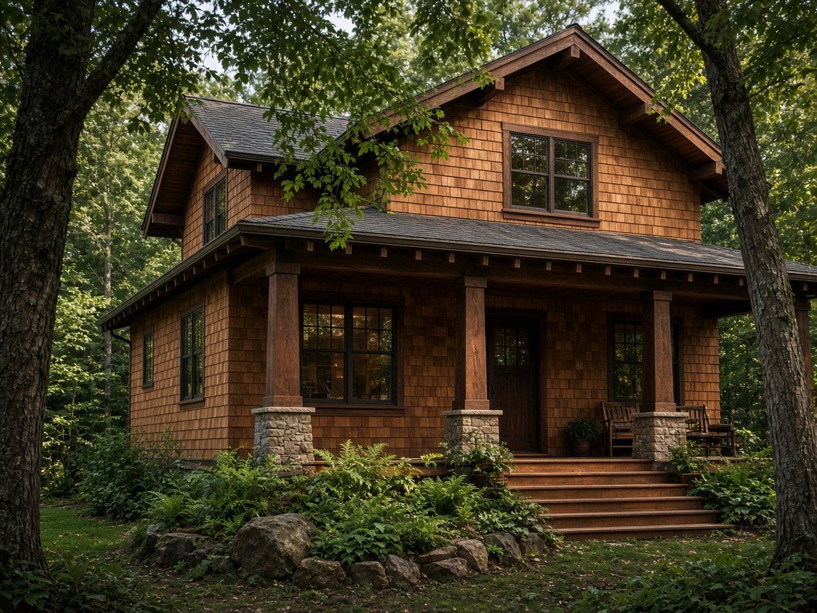 Craftsman house with natural cedar shingle siding and a deep front porch