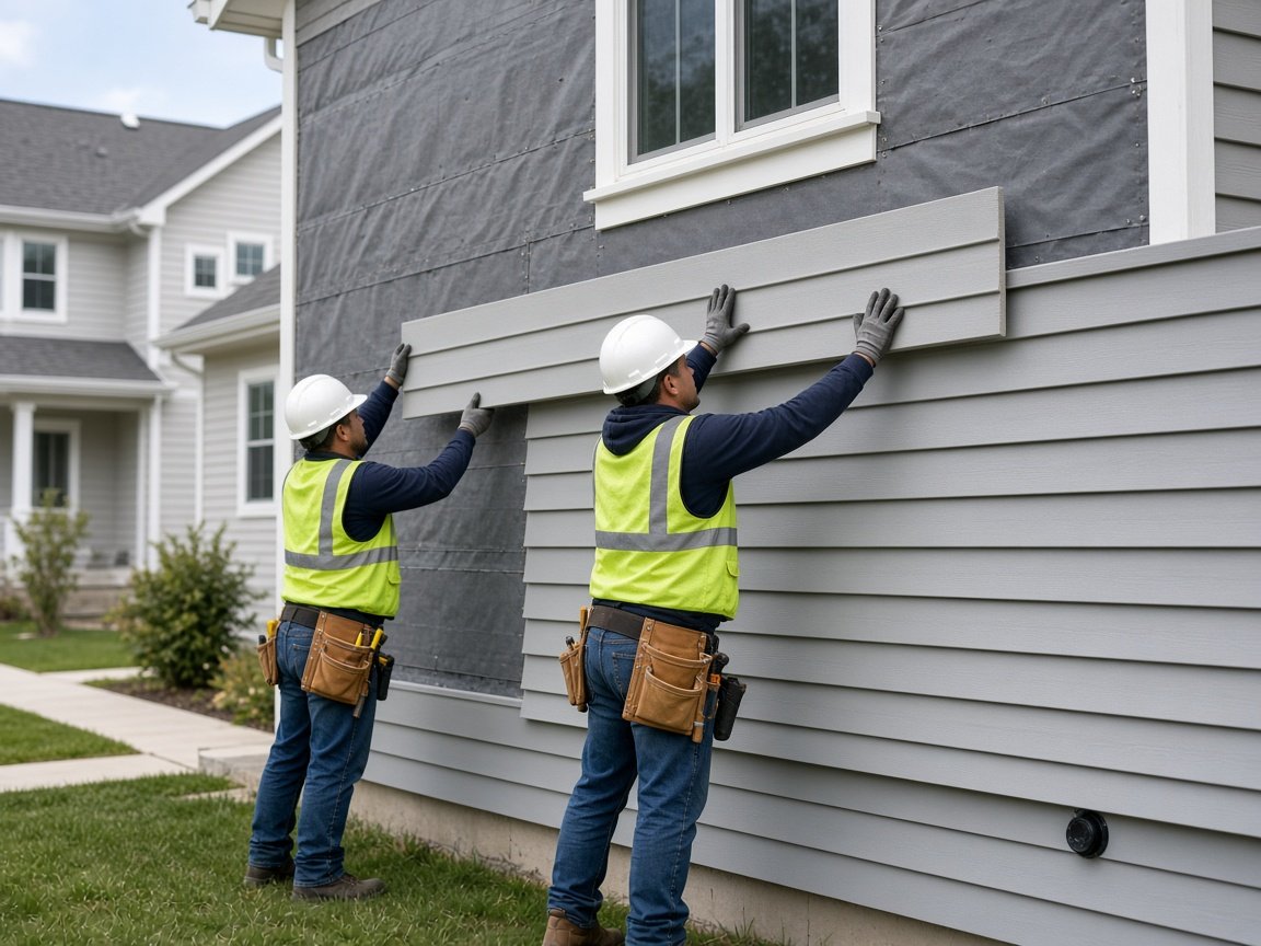Siding crew installing exterior panels on a house while wearing safety gear