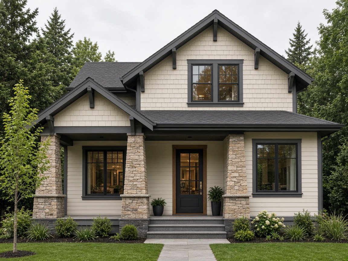 Craftsman home with cream fiber-cement siding, shake gables, and a stone porch