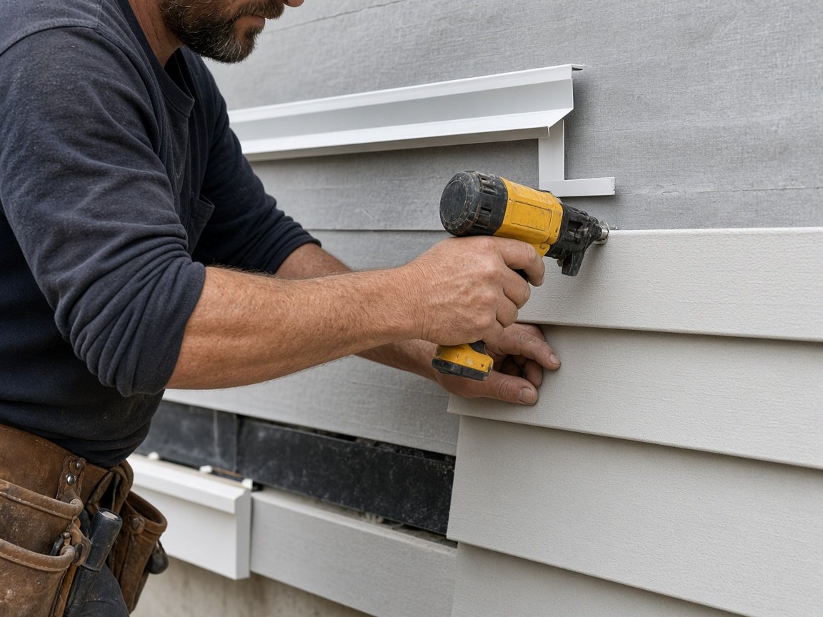 Close-up of a technician fastening siding boards over house wrap and flashing