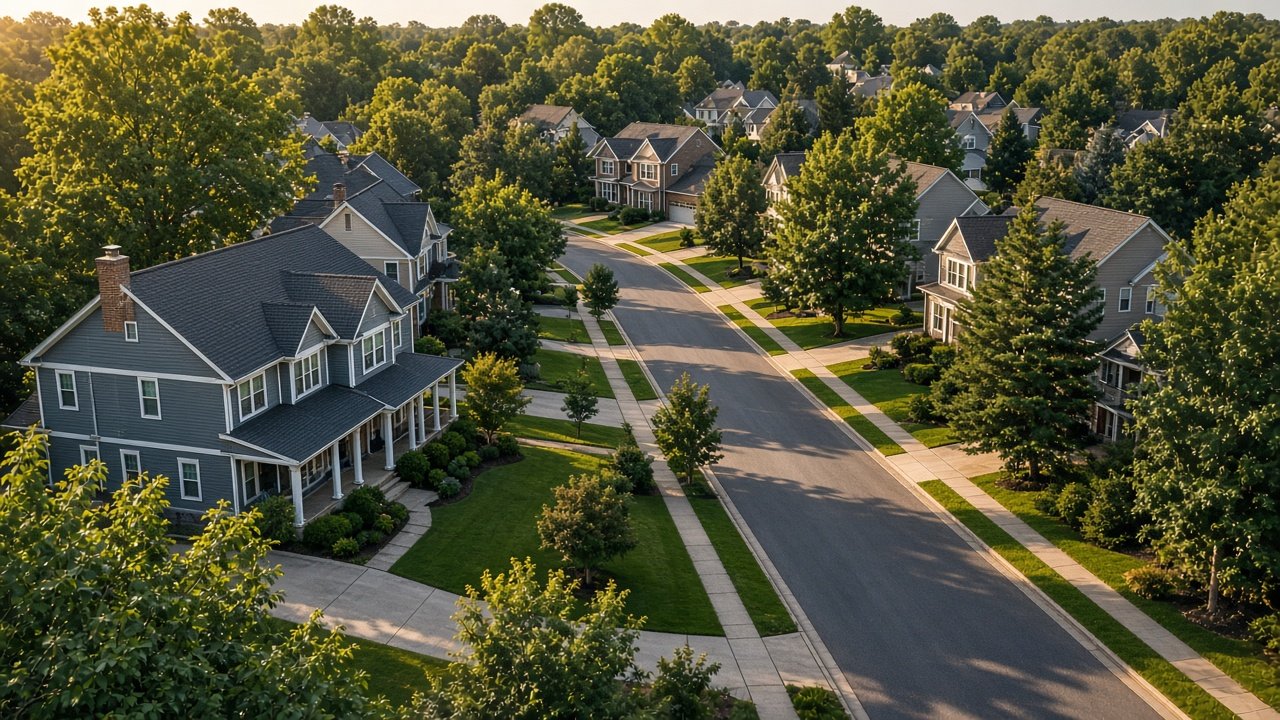 Tree-lined suburban neighborhood of single-family homes