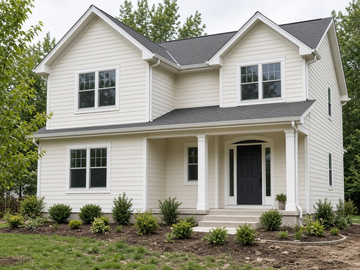 Suburban home with cream clapboard siding and white trim