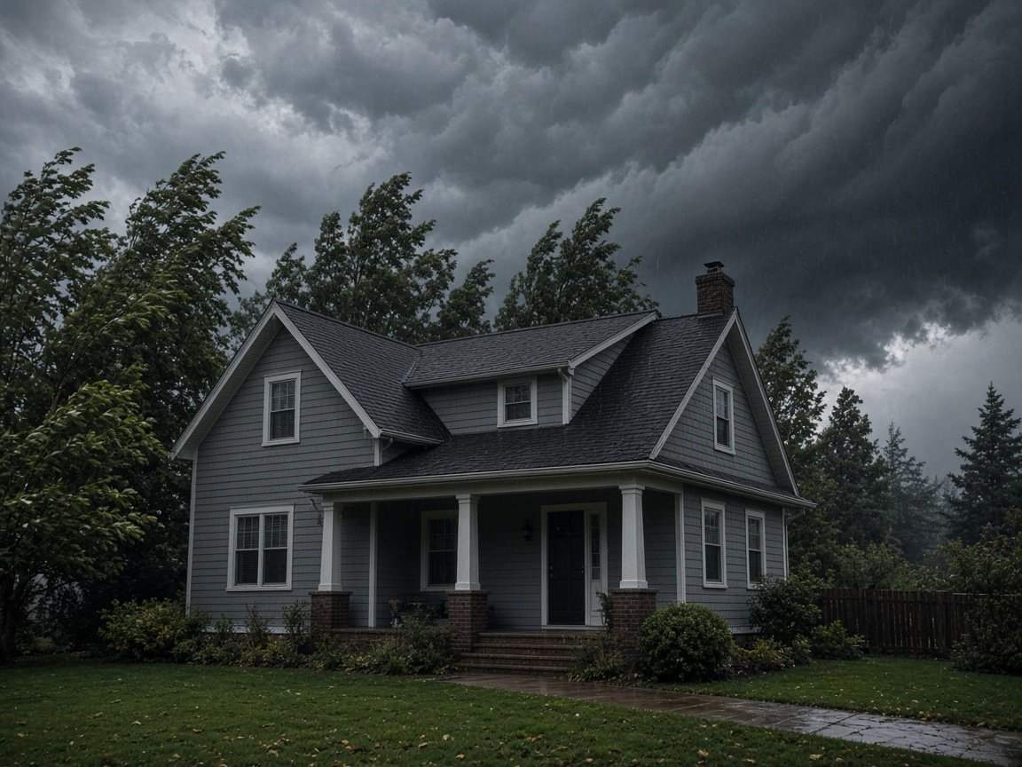 House under a stormy sky with wind-blown trees and rain-wet siding