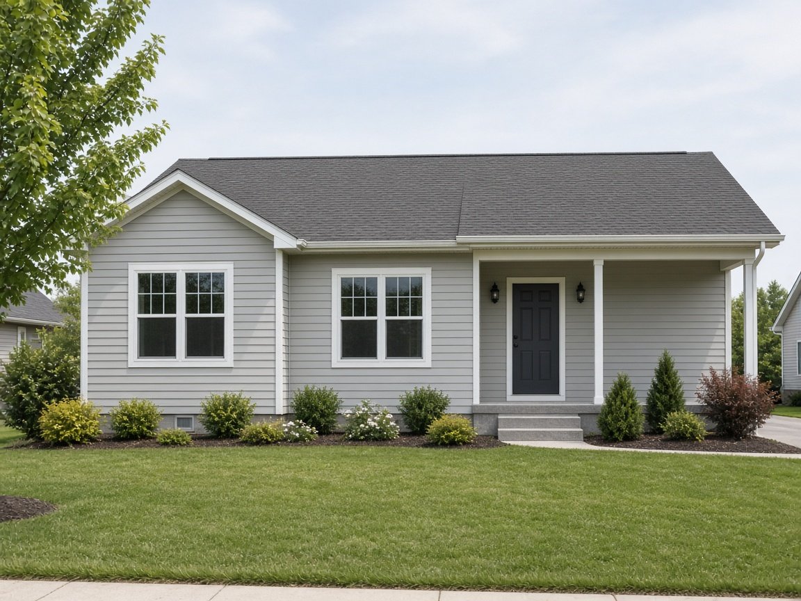 Single-story home with light gray vinyl siding, white trim, and a covered front porch