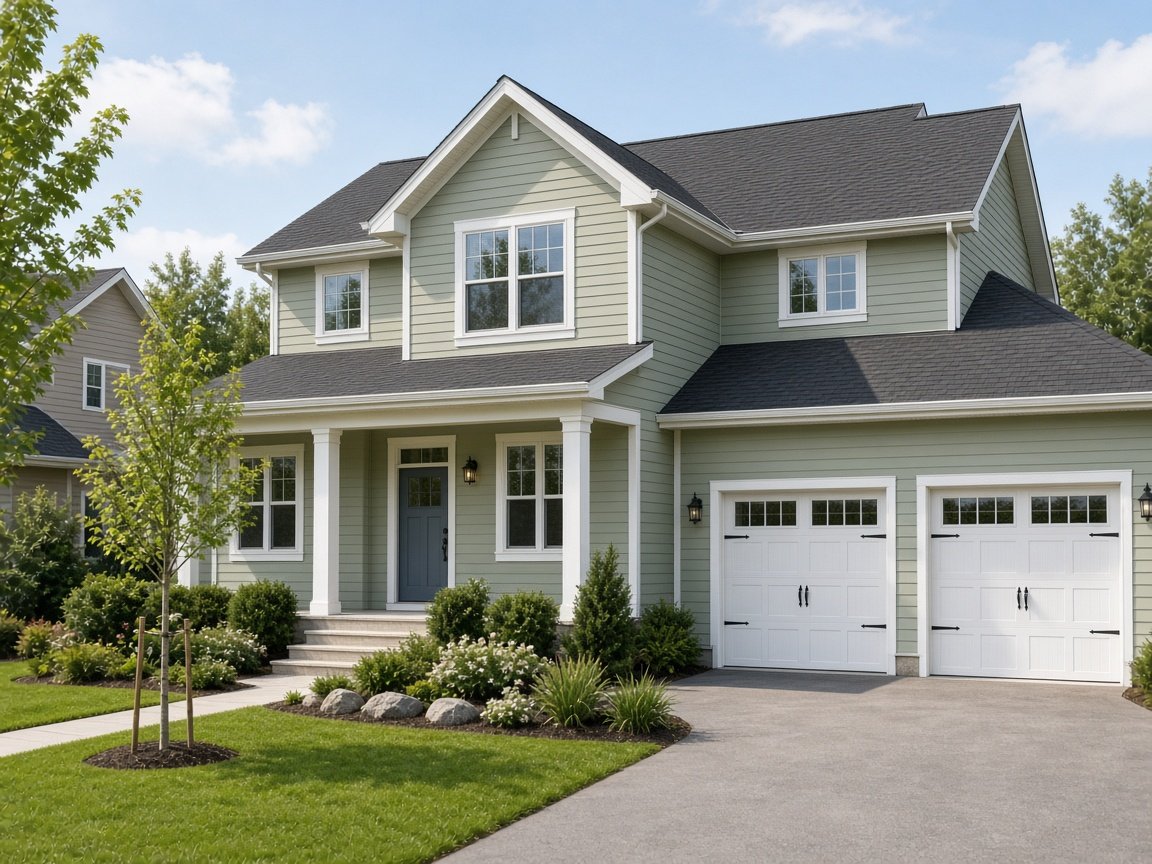 Two-story suburban home with sage-green vinyl siding and white trim