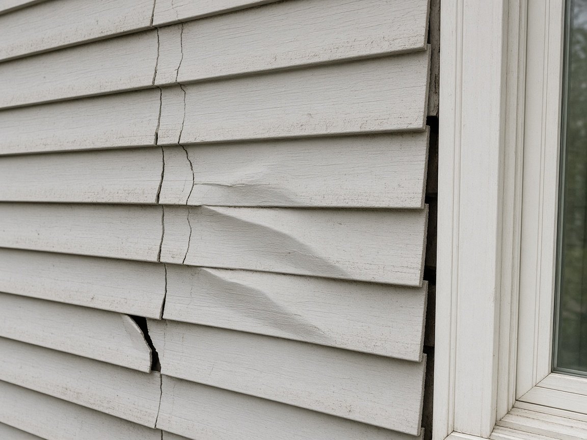 Close-up of cracked, faded vinyl siding that needs repair or replacement